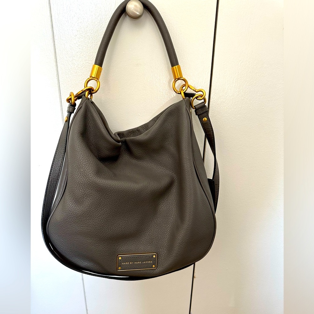 Marc by Marc Jacobs gray pebbled leather hobo with cross body strap